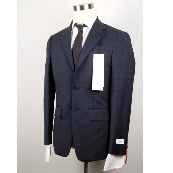 Calvin Klein Men's Blazer Jacket Size‎ 36S Slim-Fit Blue plaid Wool Blend E04541 - Picture 2 of 8